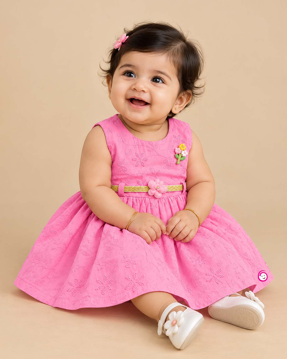 Sleeveless embroidered schiffli floral A-line frock with waist belt and flower applique for toddler girls.