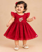 Embroidered silk frocks for baby girl featuring frill  sleeve and bird motif