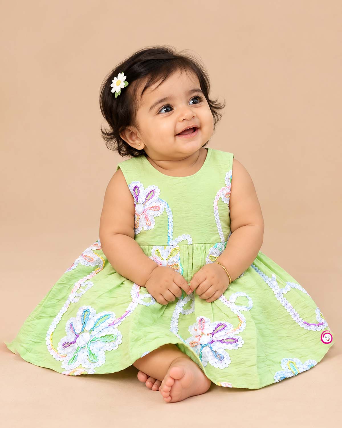 Sleeveless cotton A-line frock with floral lace appliqués and round neck for girls.