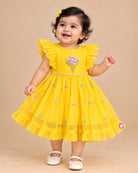 Hand embroidered pattu frock featuring floral applique bodice and frill sleeves