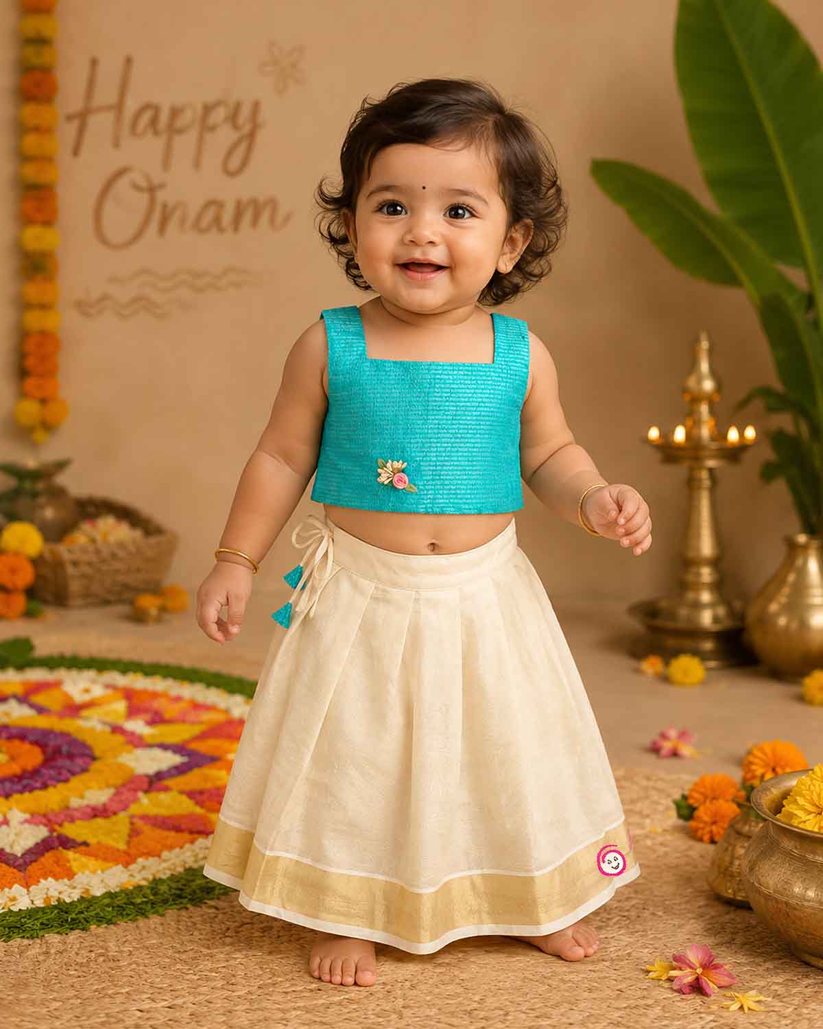 Little darling two-piece traditional festive ethnic outfit with floral chest brooch and pleated zari bordered skirt.