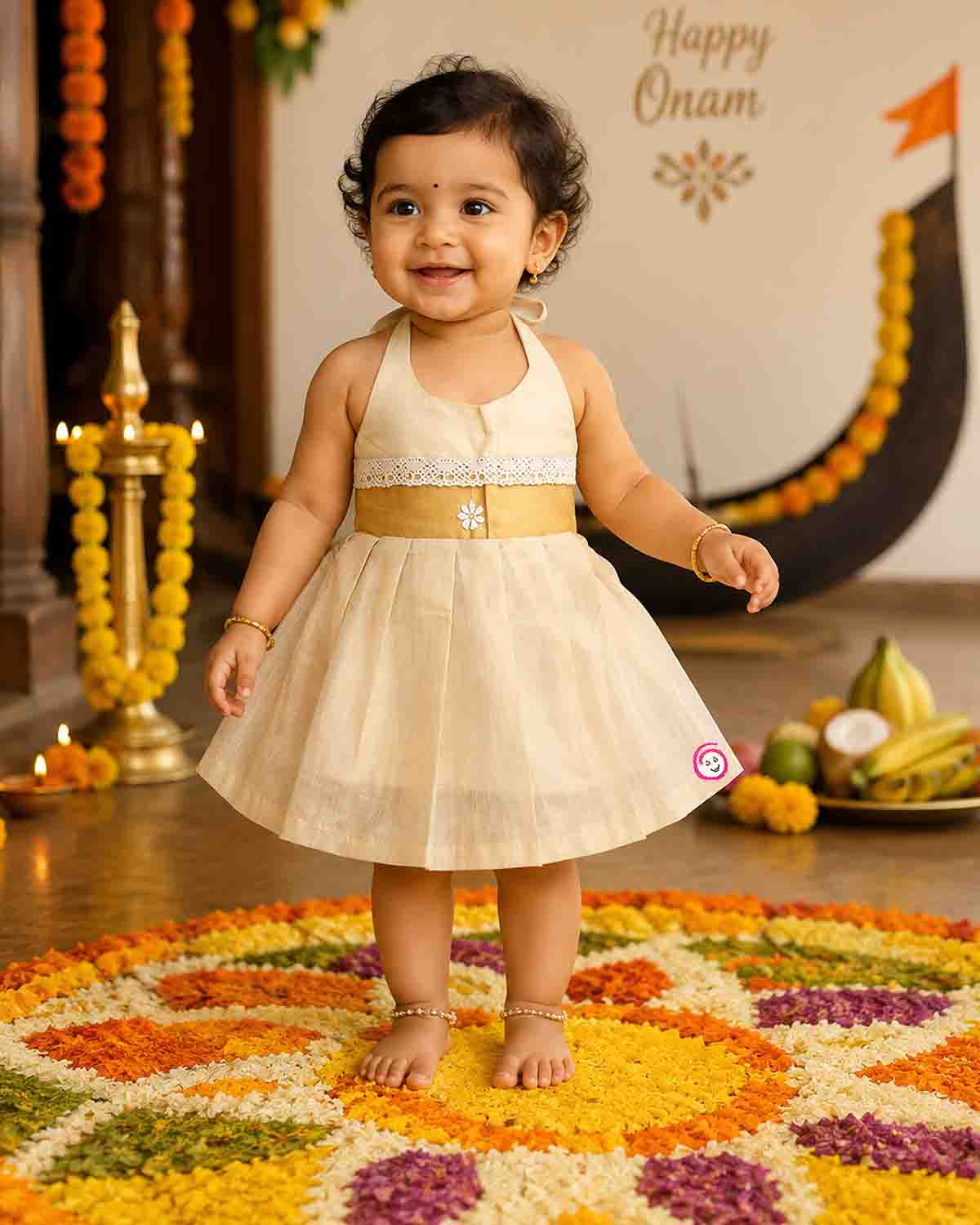 Little one wearing halter neck traditional ethnic dress with delicate lace waist trim and floral applique.