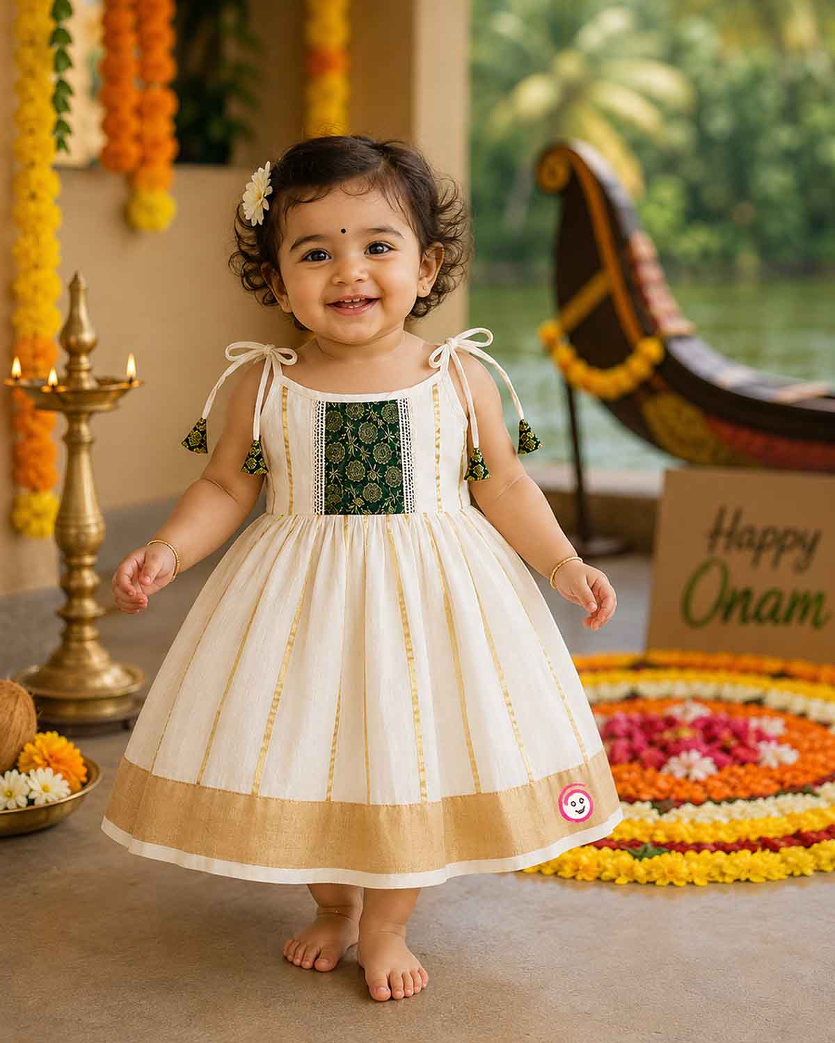 Little princess wearing woven traditional festive outfit featuring shoulder strap tassels and metallic woven trim.