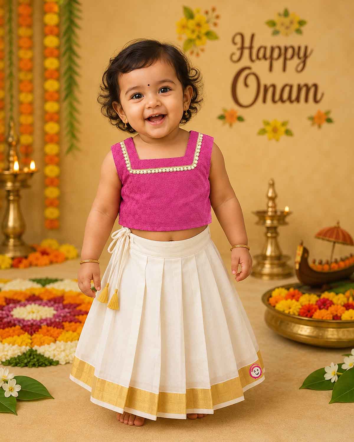 Little fashionista traditional two-piece festive choli set with woven zari borders and pleated ethnic skirt.