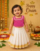 Little fashionista traditional two-piece festive choli set with woven zari borders and pleated ethnic skirt.