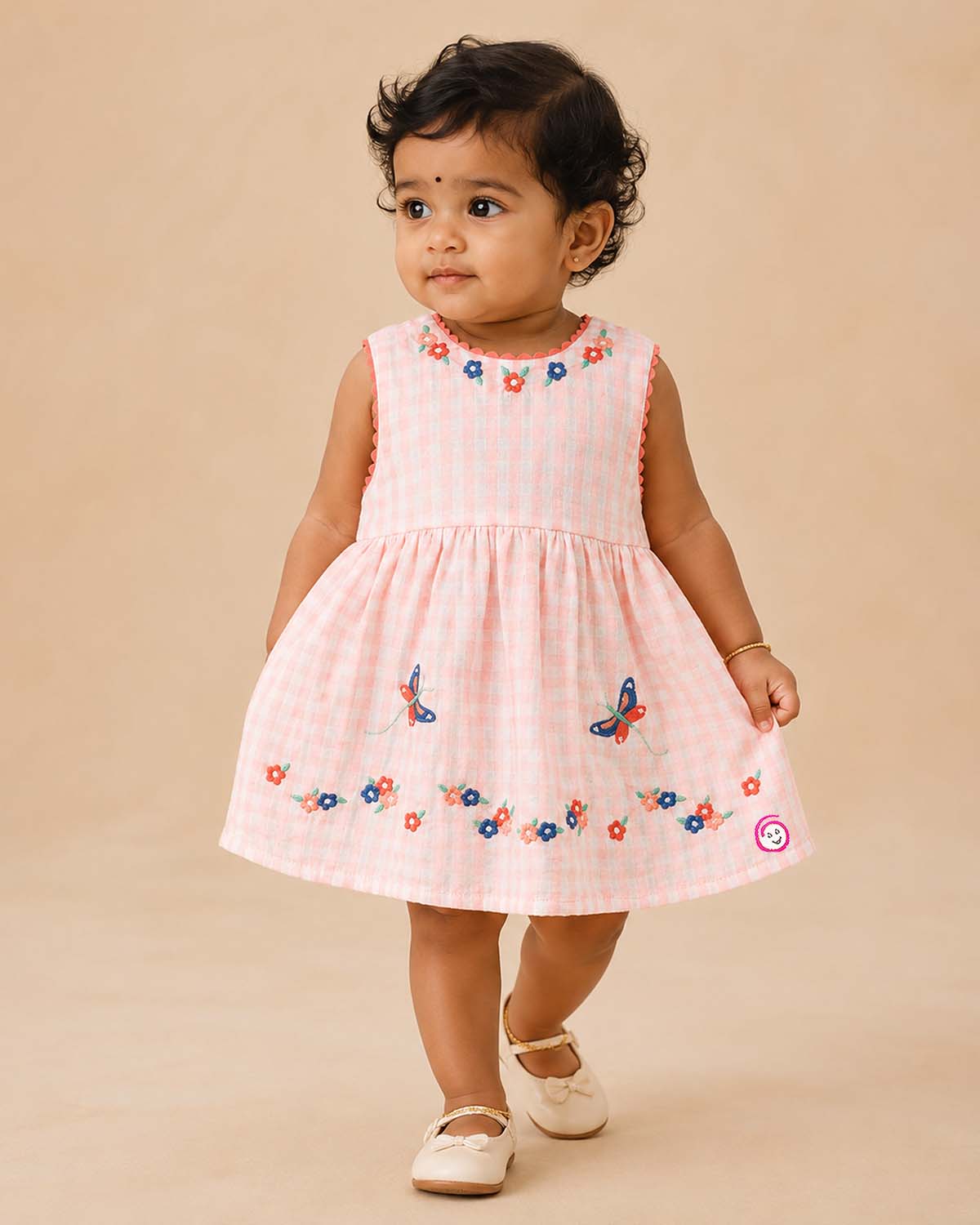Little princess embroidered checked casual frock with butterfly and floral detailing for everyday comfort