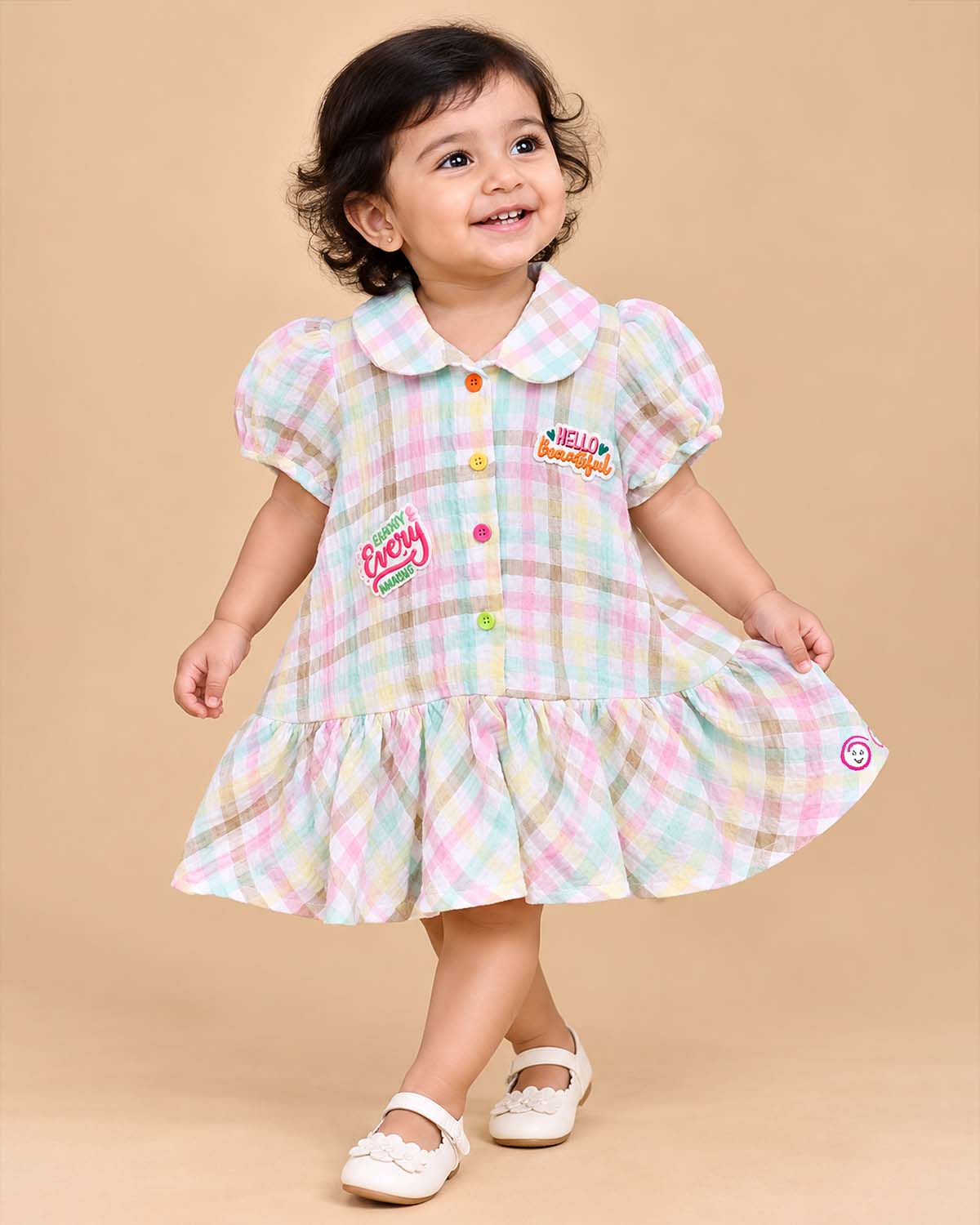 Baby girl checked cotton casual frock with peter pan collar and puff sleeves for summer picnics