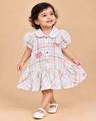 Baby girl checked cotton casual frock with peter pan collar and puff sleeves for summer picnics