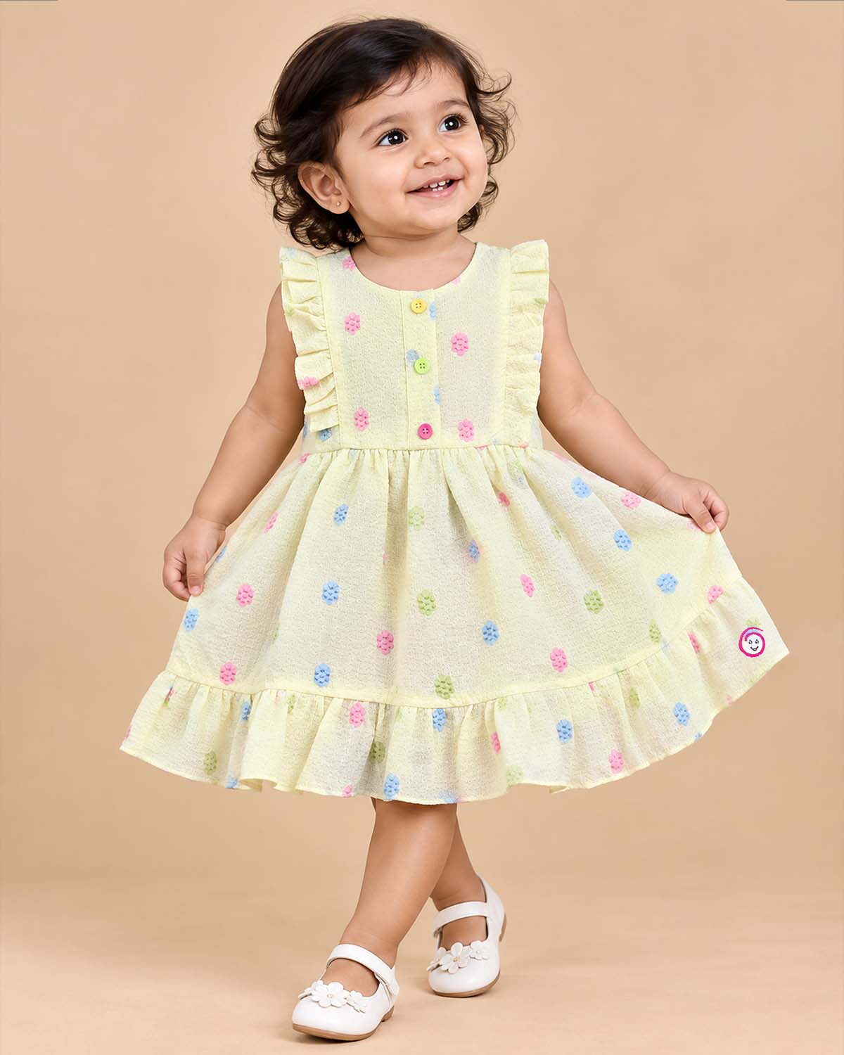 Baby girl cotton casual frock with shoulder ruffles and embroidered detailing for summer outings