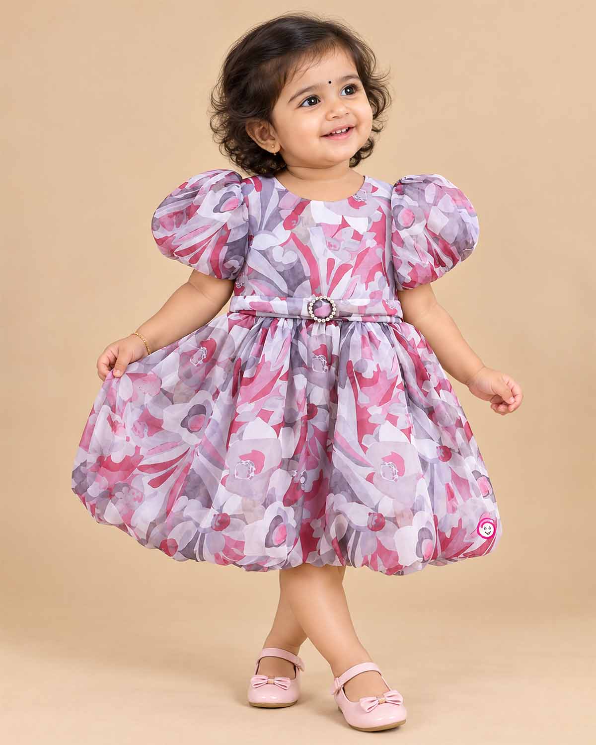 Toddler printed floral casual frock with short puff sleeves and round neck for girls