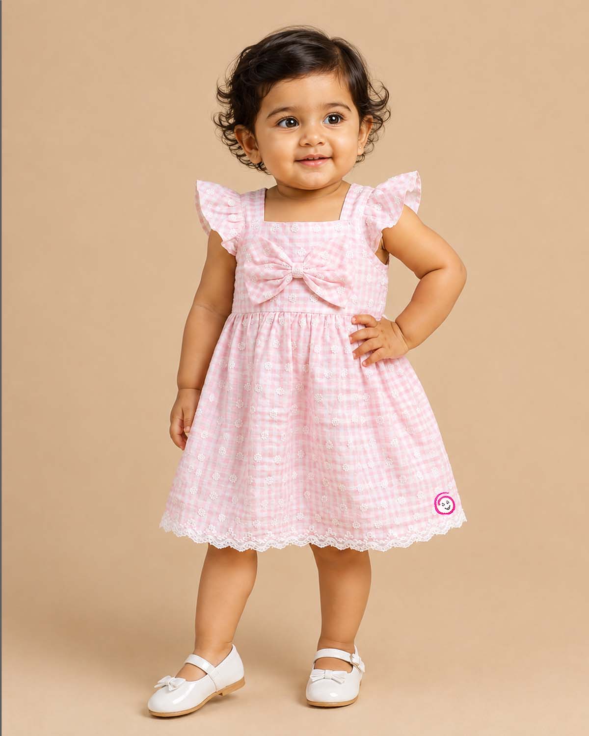 Sleeveless cotton casual frock with a checkered pattern and front bow detail hanging on a hanger.