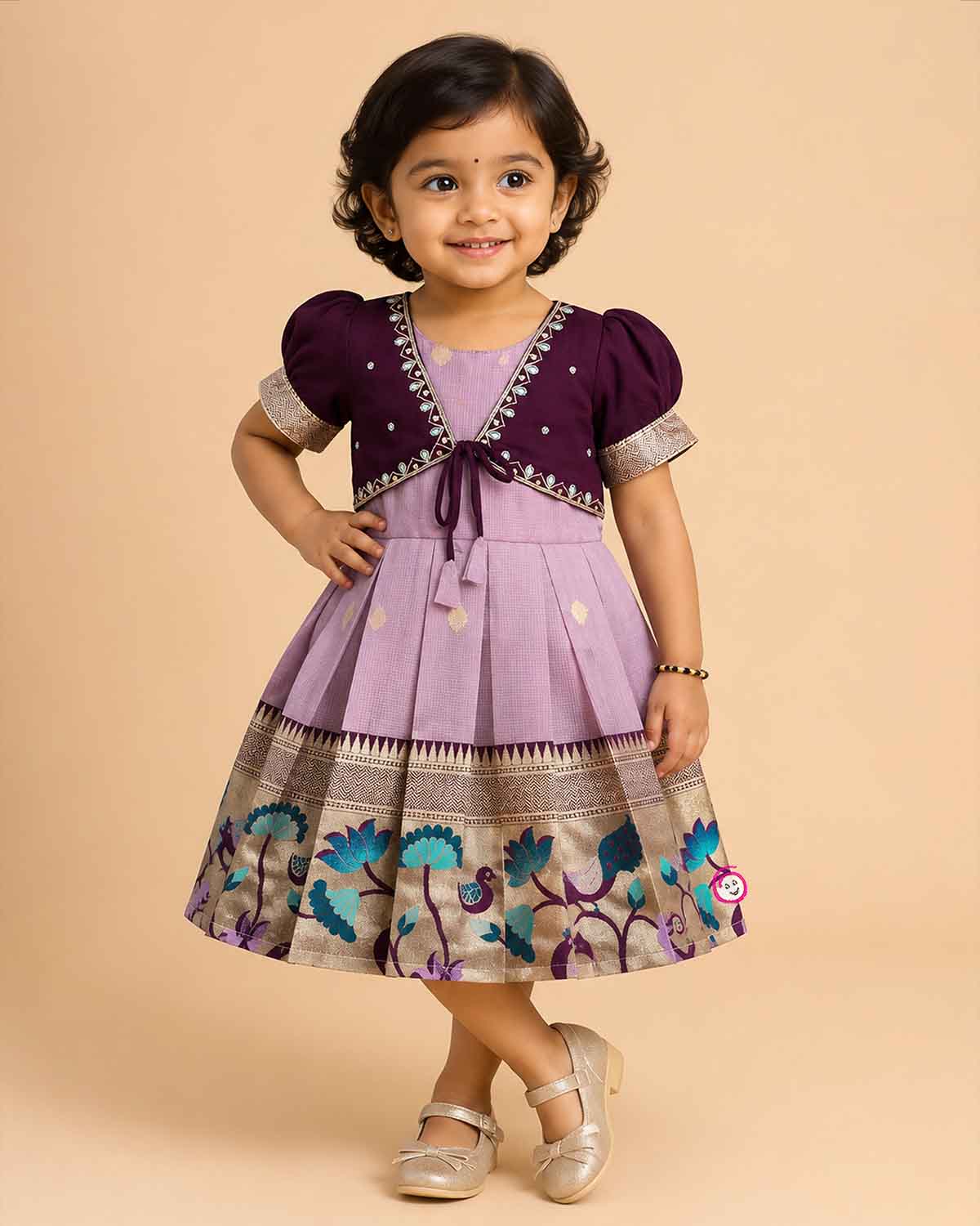 Charming ethnic pattu pavadai style cotton silk frock for baby girls with gold zari border and traditional motifs