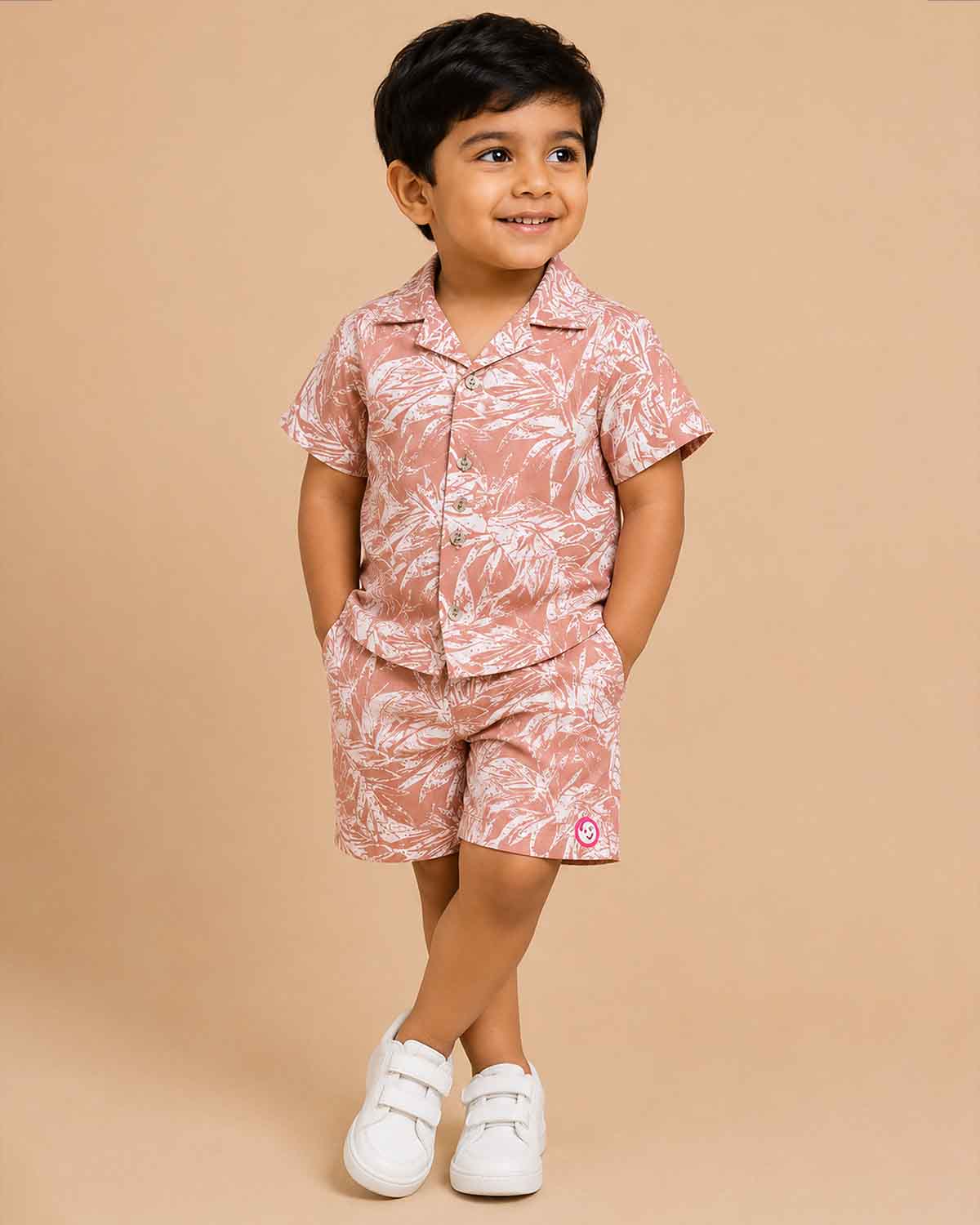 Matching printed button down short sleeve shirt and shorts set for kids casual wear
