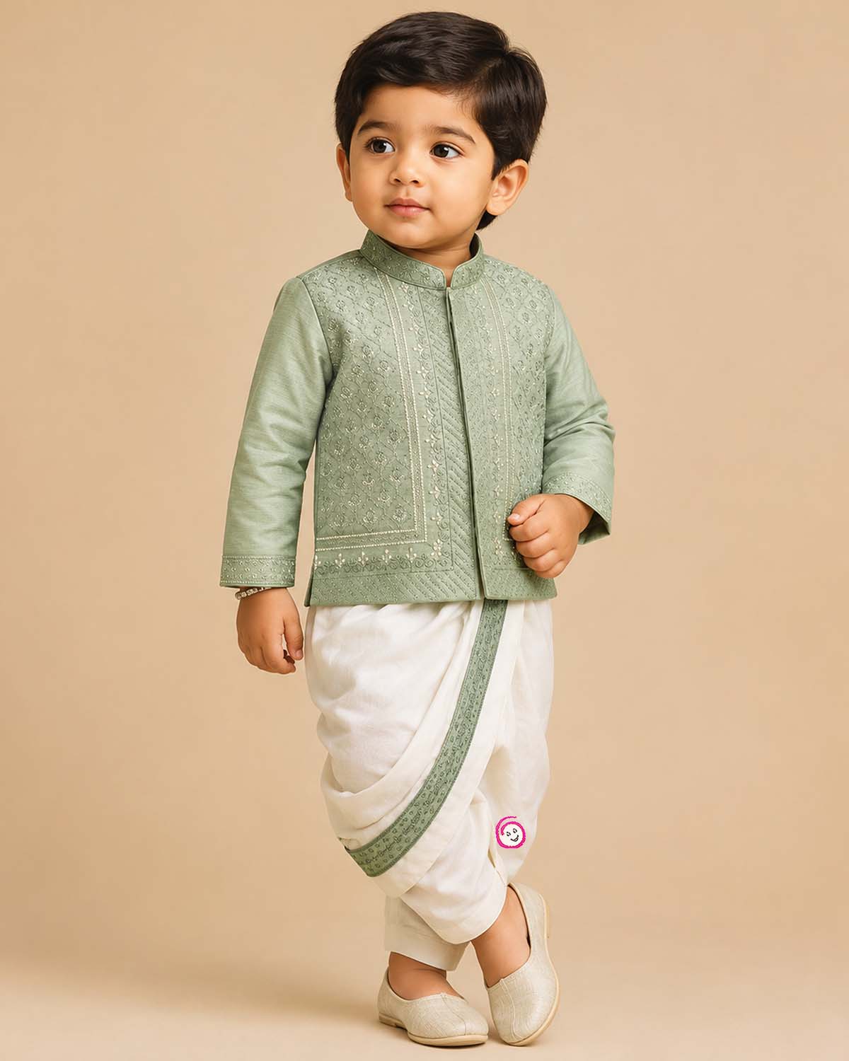 Boys sage green silk ethnic full sleeve kurta with sequins embroidery and mandarin collar paired with off-white elastic waist dhoti pant
