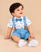 Boys suspender set with vehicle printed collared shirt, bow tie, and light blue suspender shorts