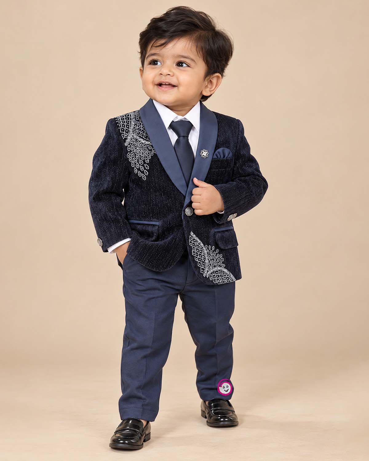 Boys embellished velvet tuxedo blazer coat suit set with tie and trousers for birthday parties and evening receptions.
