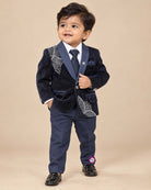 Boys embellished velvet tuxedo blazer coat suit set with tie and trousers for birthday parties and evening receptions.