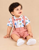 Baby boy farm print collared shirt with bowtie and pink suspender shorts dress for infant