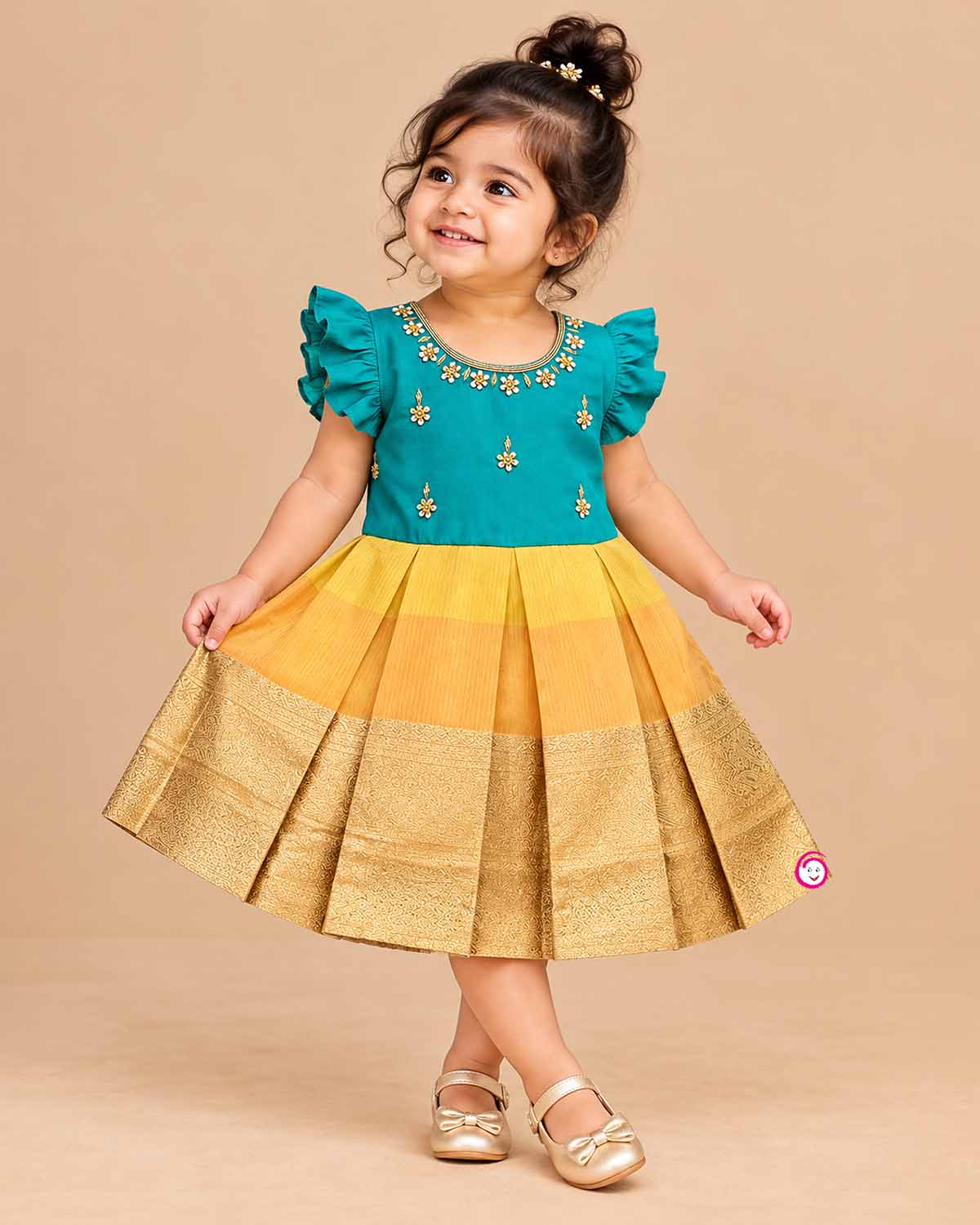 Infant cotton silk frock with ethnic embroidery and pleated zari skirt for festive wear