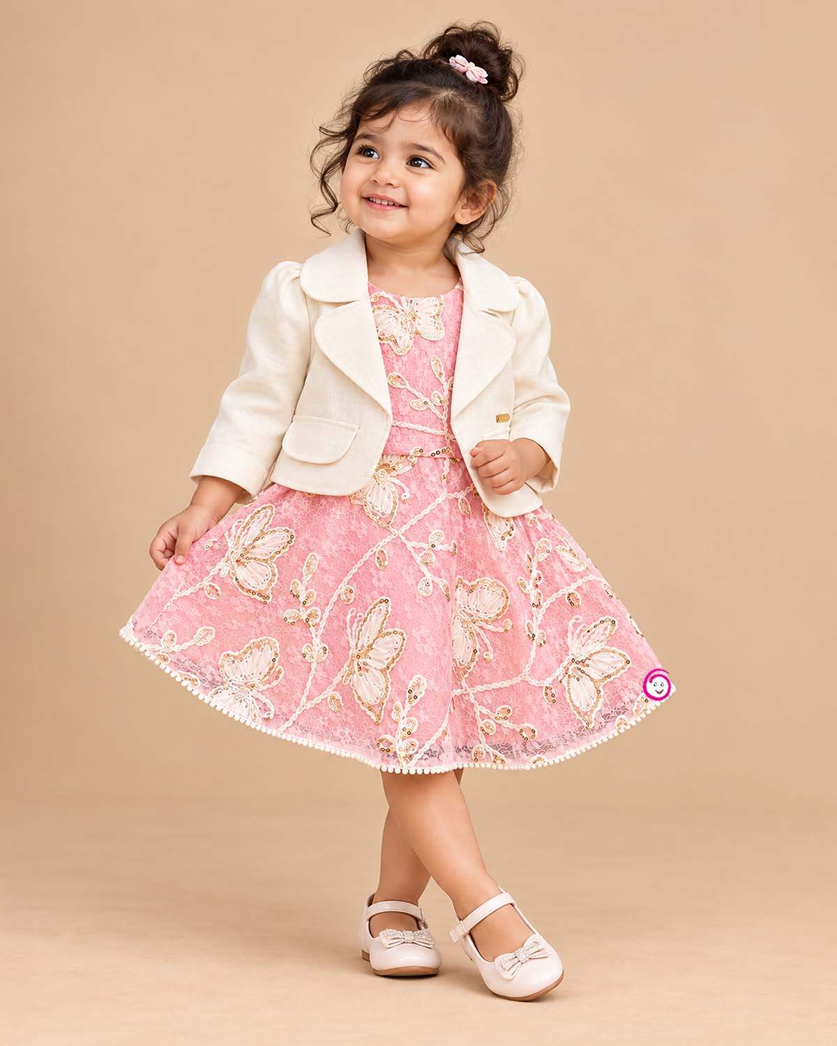 Girls sequin embroidered butterfly lace frock featuring a tailored jacket set for party wear.