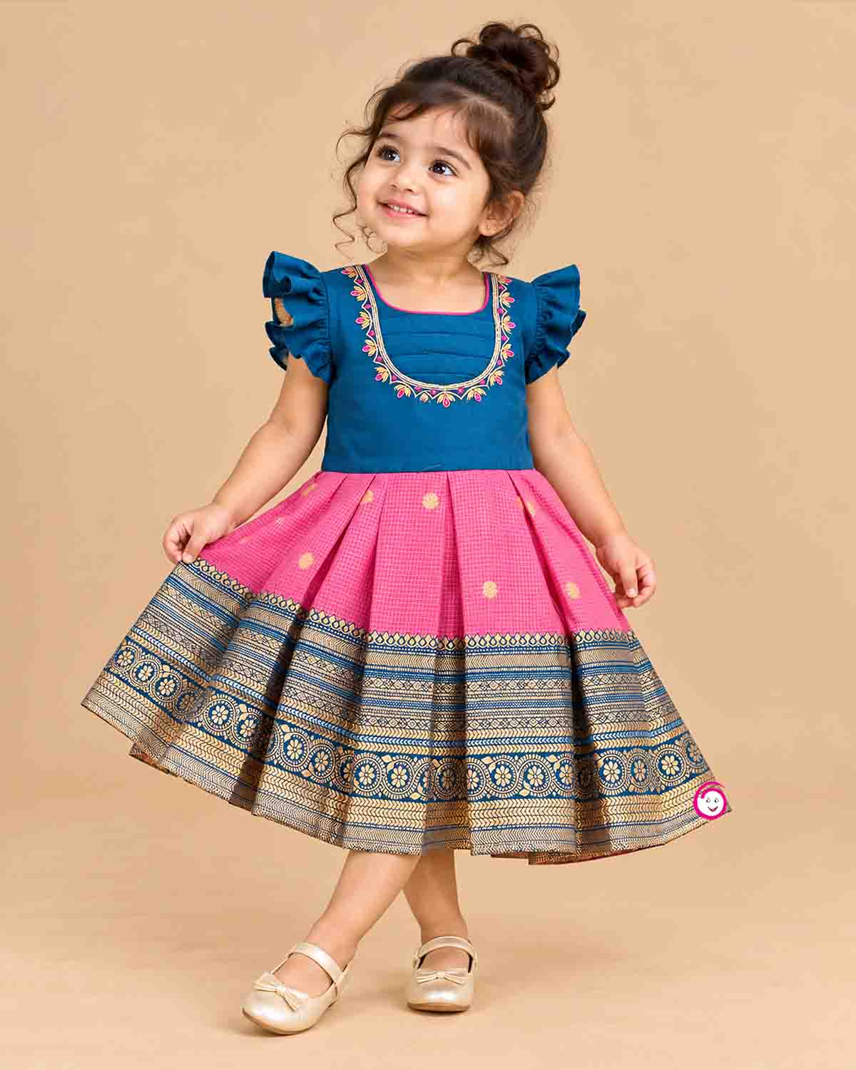 Baby Girl Silk Cotton Frock with Pattu Pavadai traditional border and embroidered neck for festive ethnic wear