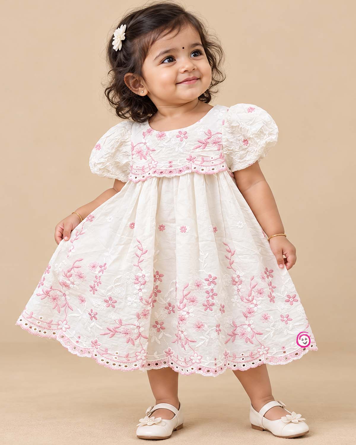 Toddler floral embroidery frock with scalloped hem schiffli design and puff sleeves