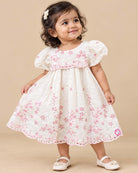 Toddler floral embroidery frock with scalloped hem schiffli design and puff sleeves