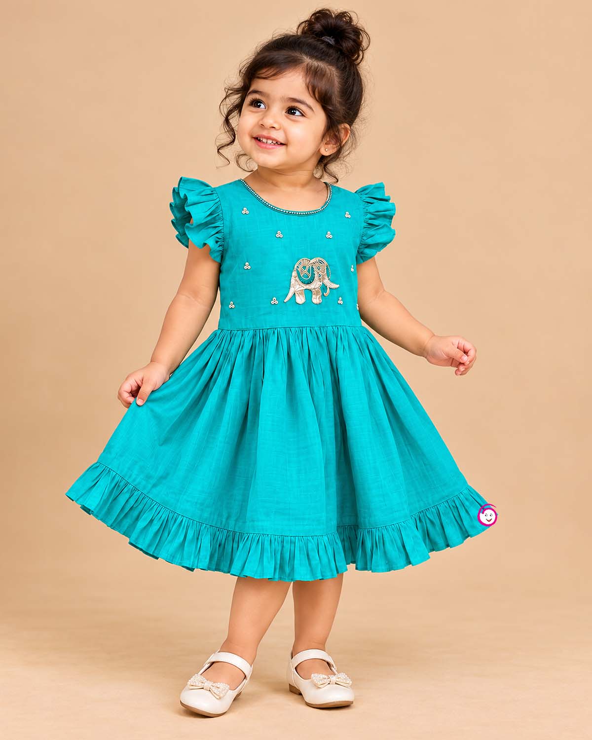 toddler cotton silk frock with elephant embroidery and ruffle sleeves for birthday party