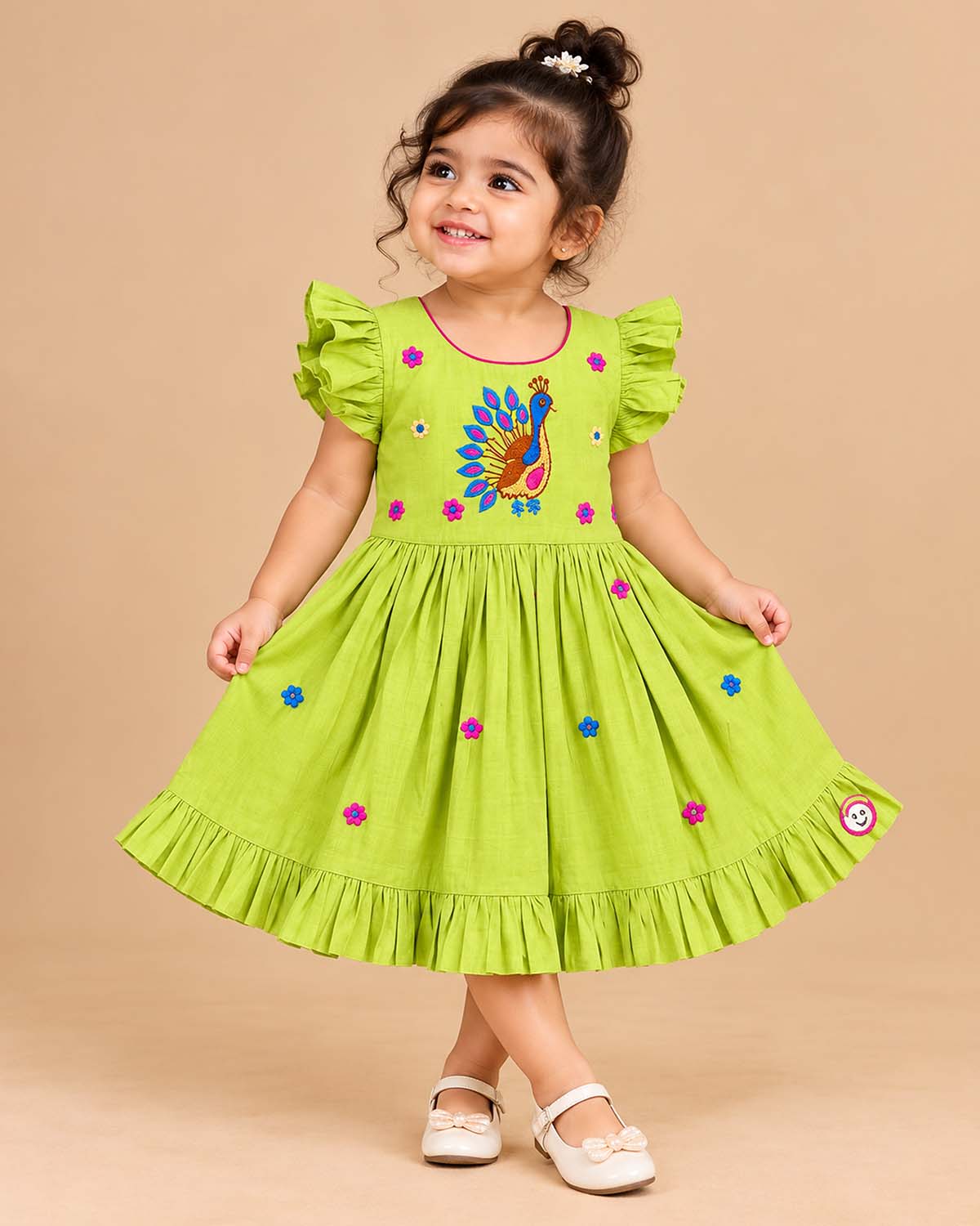 Little princess embroidered silk cotton frock with peacock motif for festive wear