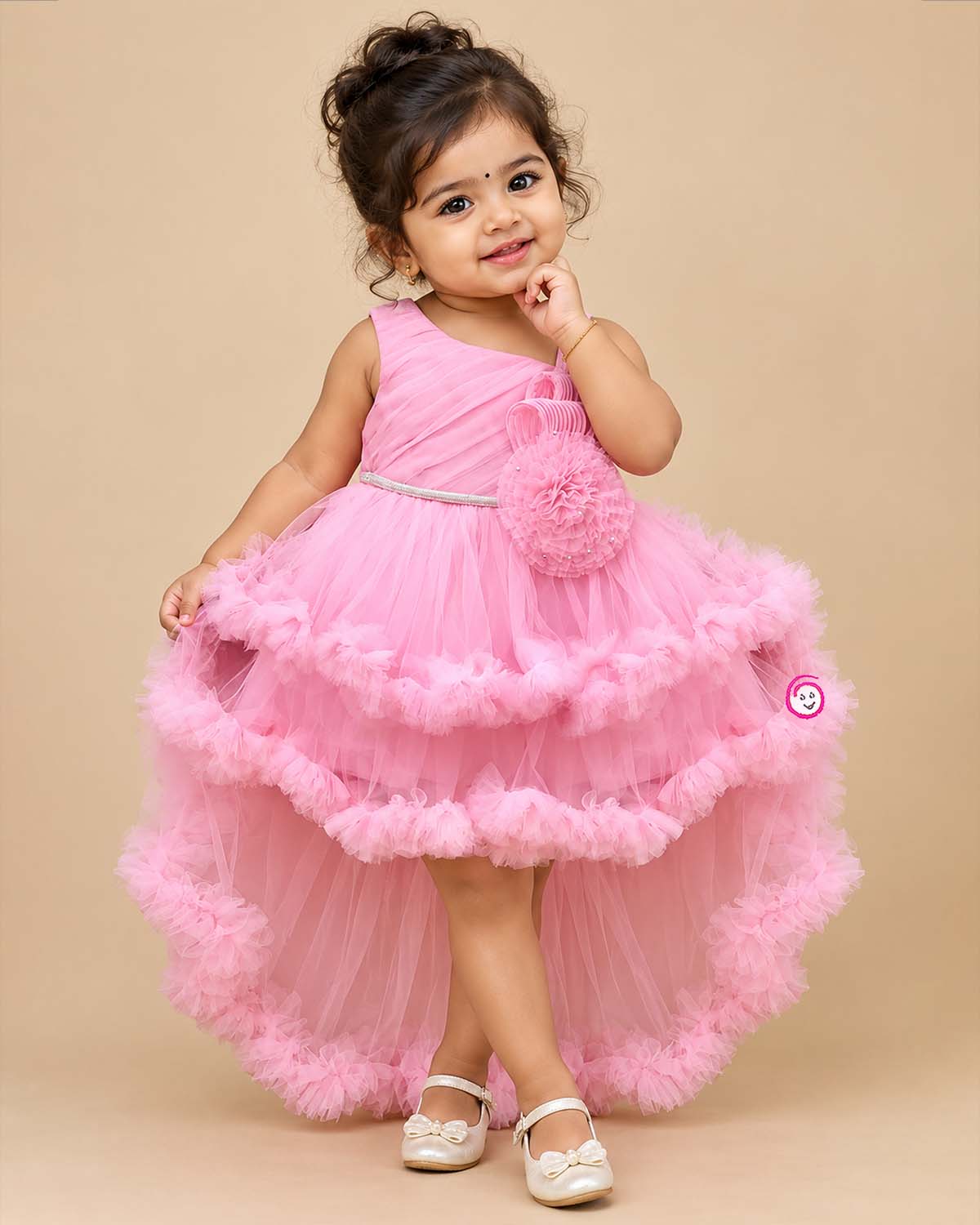 Toddler net ruffle party frock with high low ruffled skirt and Asymmetric floral bodice