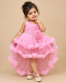 Toddler net ruffle party frock with high low ruffled skirt and Asymmetric floral bodice