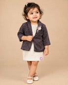 Baby girl shimmer jacket midi dress with floral brooch appliqué for birthday parties and festive celebrations.