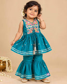 Baby girl ethnic embroidered silk sharara top flared pants dupatta set for kids traditional festive wear