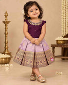 Girls silk embellished traditional frock featuring stone neckline handwork and zari pleated skirt