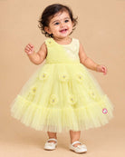 Toddler net party frock with floral appliques and flared sequin bodice for kids party wear