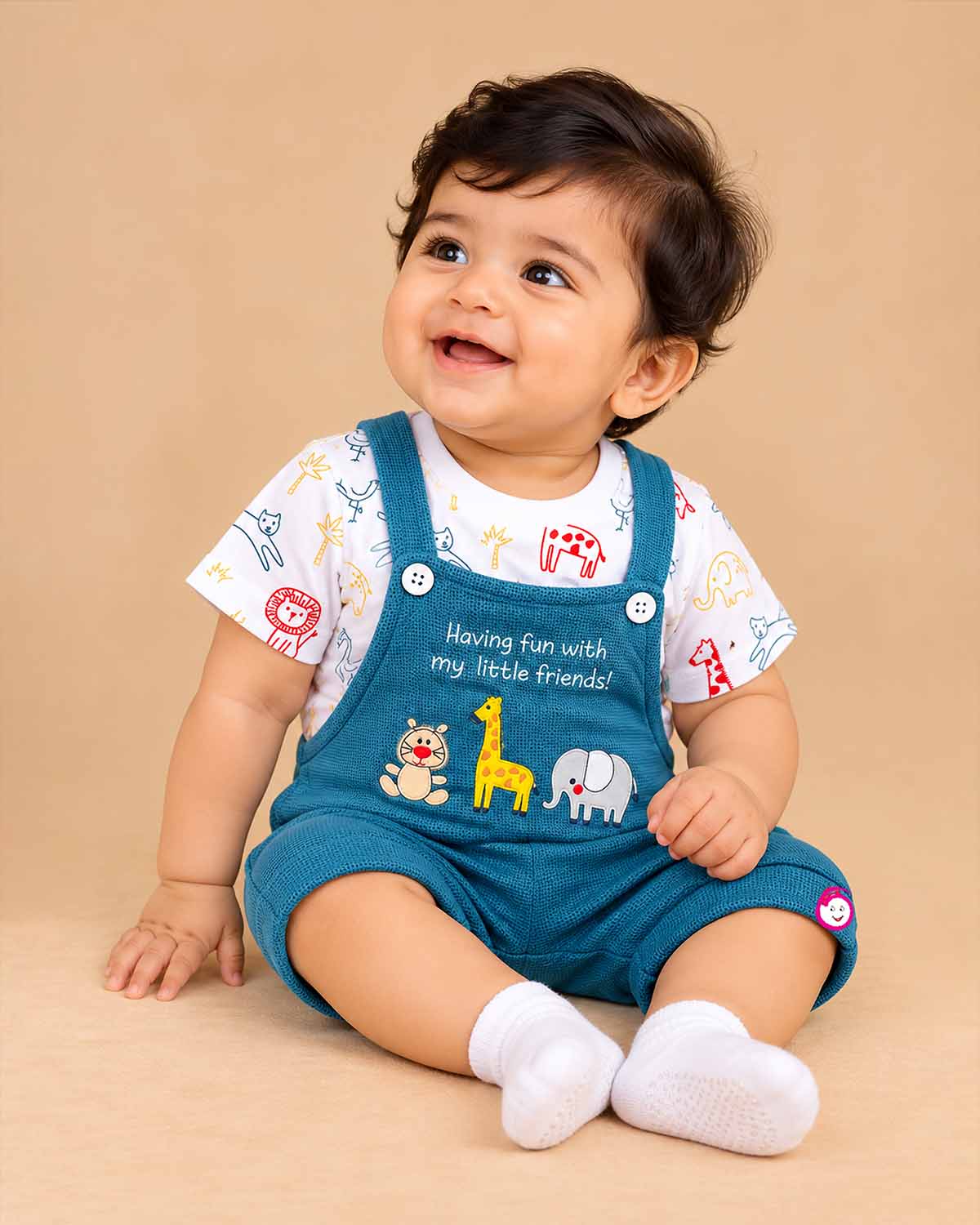 Baby boys animal print t-shirt and blue dungaree set
