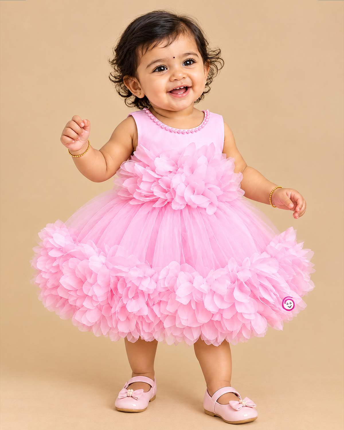 Little princess organza petal frock with pearl neck embellishment for girls party wear