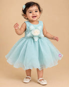 Baby girl floral textured frock with 3D rosette accent for birthday party wear