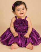 Infant deep purple satin floral party frock set with matching bow headband and fabric booties