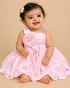 Baby pink satin asymmetric party frock set with floral applique headband and booties