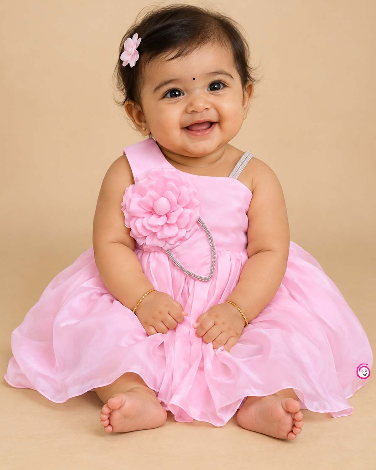 Baby pink satin asymmetric party frock set with floral bow headband and soft booties