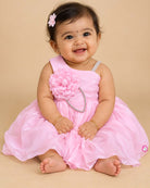 Baby pink satin asymmetric party frock set with floral bow headband and soft booties