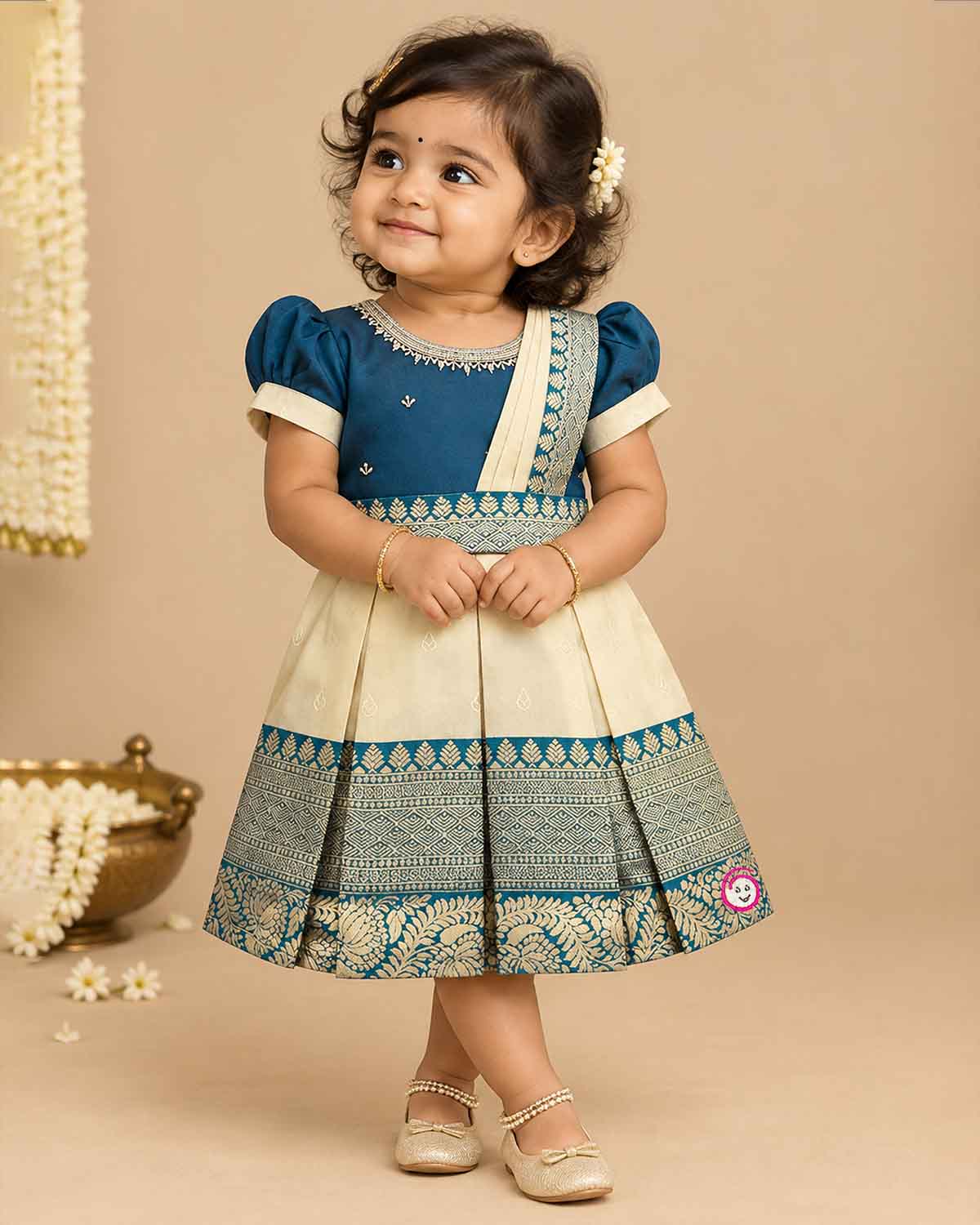 Baby girl silk blend traditional frock featuring border and puff sleeves for cultural events