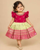 Little girl silk traditional frock with embroidered neckline ruffle sleeves and woven border for ethnic celebrations