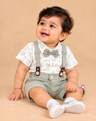 Boys printed shirt and suspender shorts set with bow tie for party wear