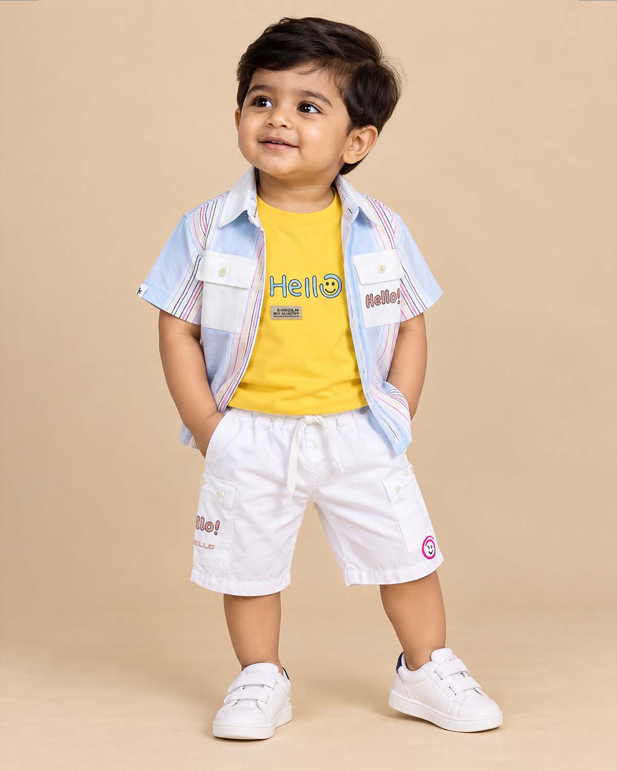 Young prince striped button down shirt and comfortable shorts set for kids playdates