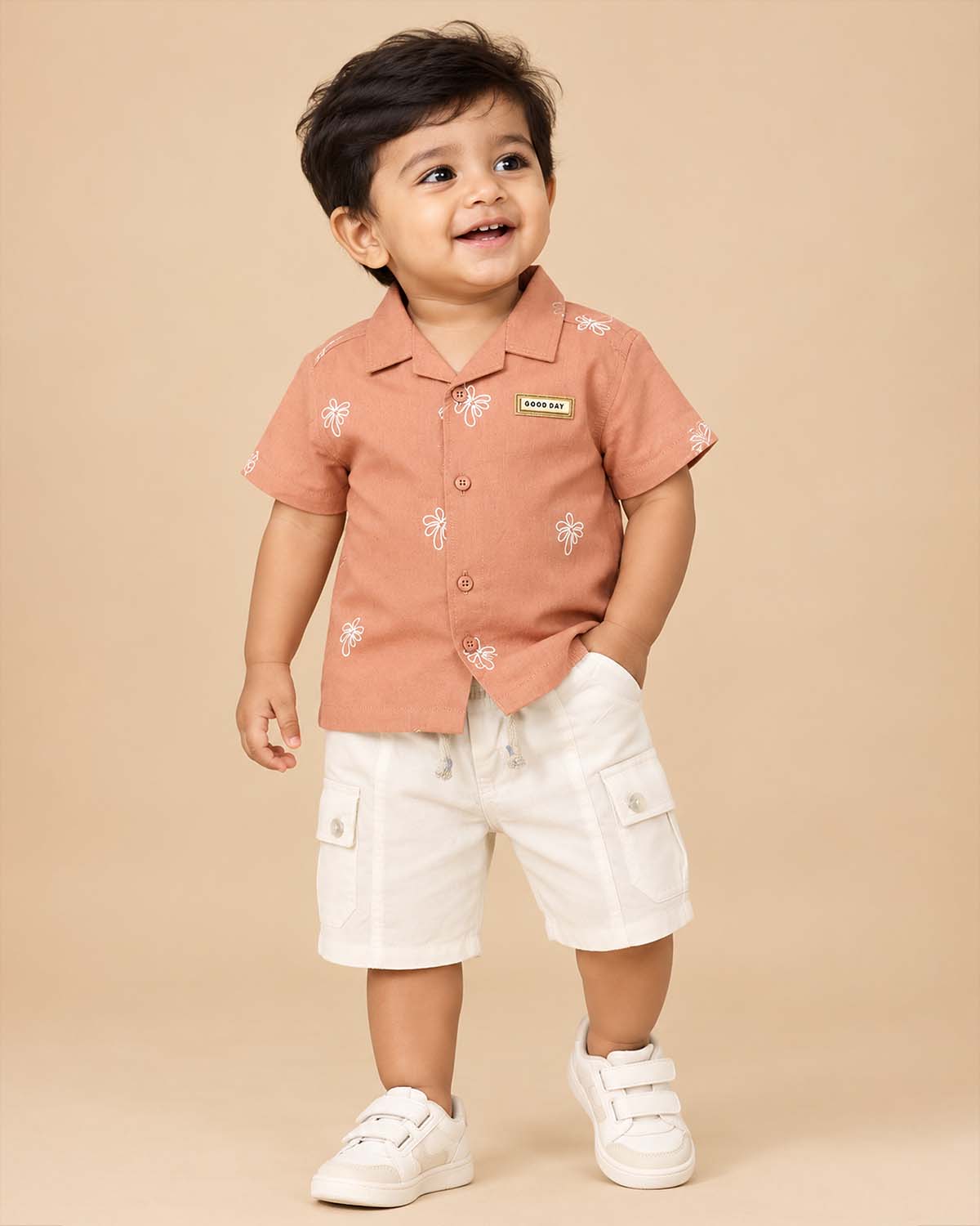 Little gentleman embroidered resort collar shirt and cargo shorts set for boys