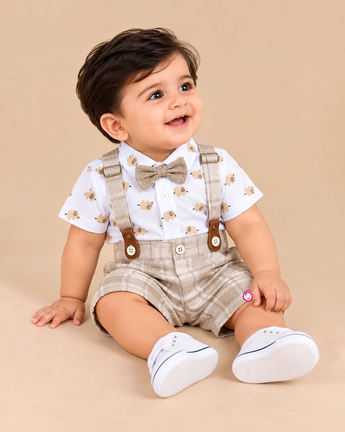 Boys suspender set with animal print polo shirt bow tie and checked shorts
