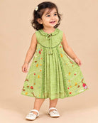 Baby girl floral embroidered frock with round neck and tassel tie for family function and birthday party