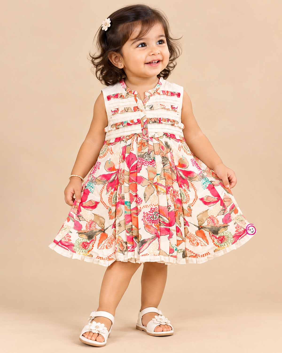 Infant floral printed frock with pin tuck yoke and ruffles for day party and summer outing